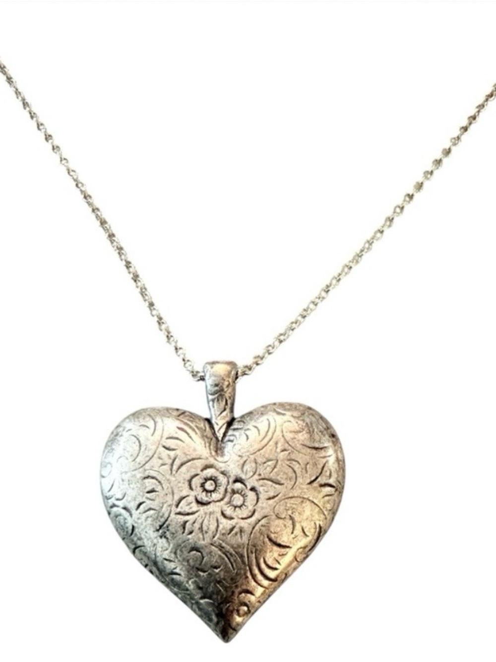 Vintage Oversized Etched Puffy Heart Pendant Necklace in Silver, 23” Long